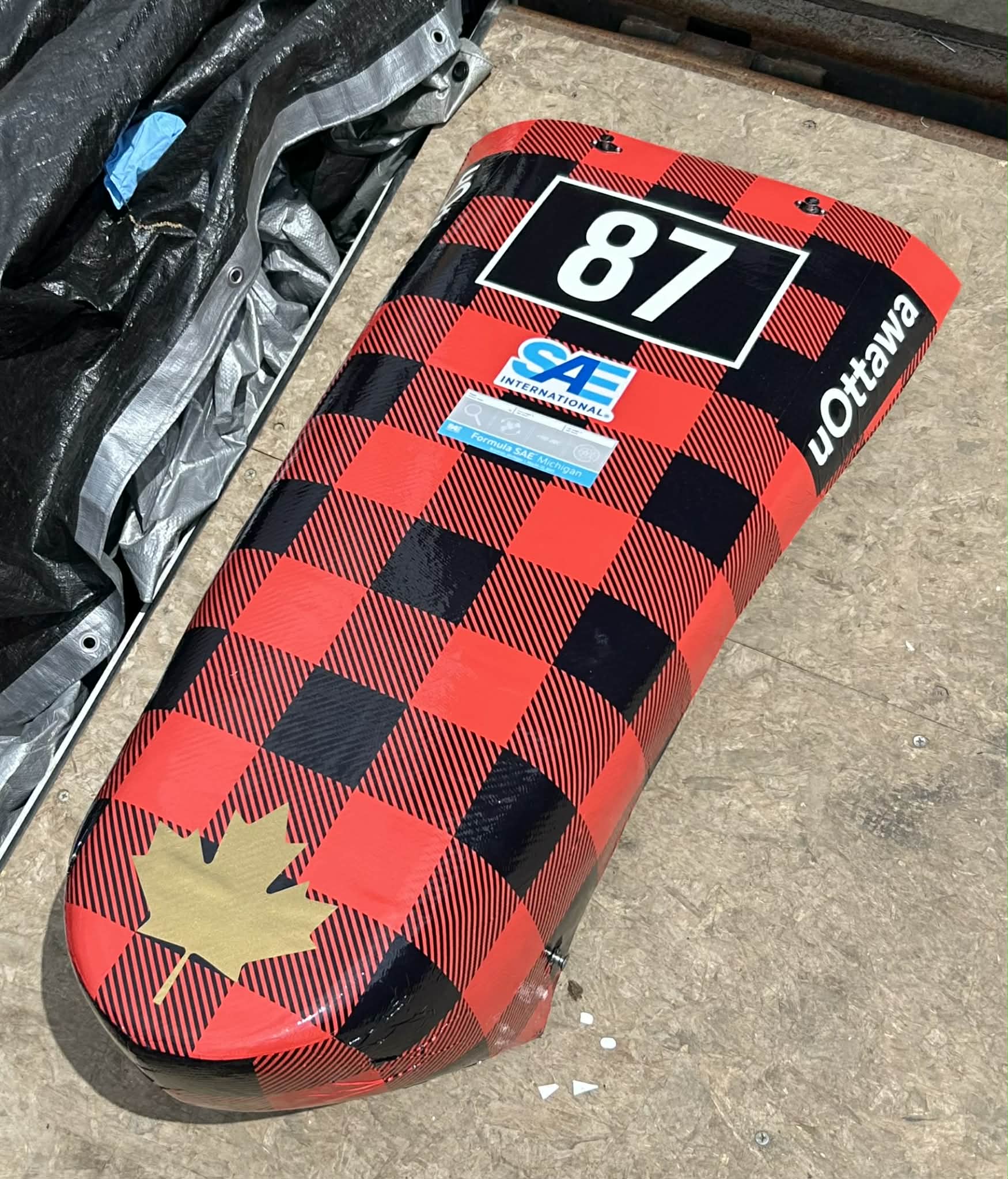 Final nose cone wrapped in plaid